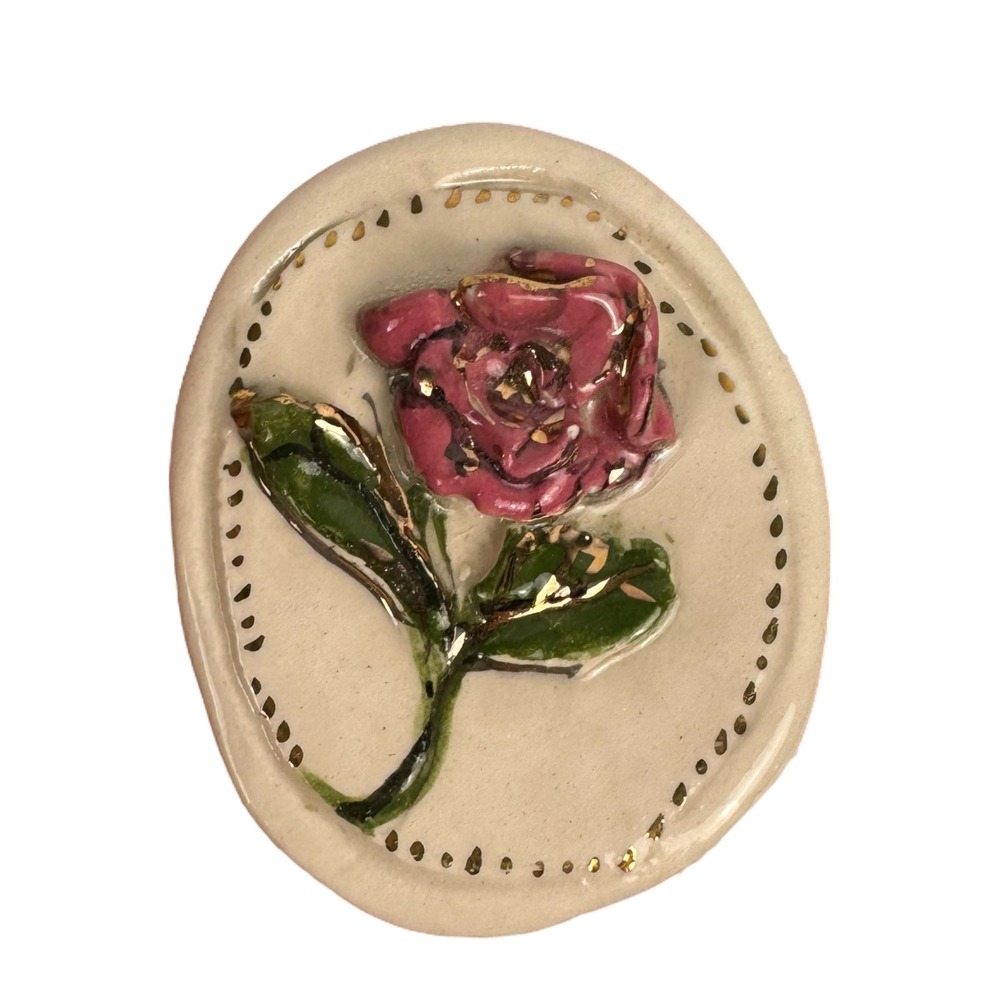 Rose Flower Pin Brooch Handmade Ceramic Floral Lapel Pin Gold Accent 2.0